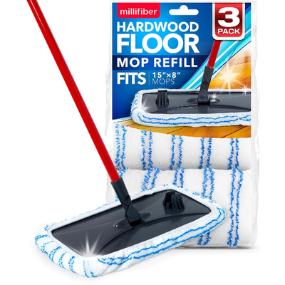 Millifiber microfiber mop refills, 15x8 inches, three-pack compatible with O-Cedar microfiber mops, shown in the image.