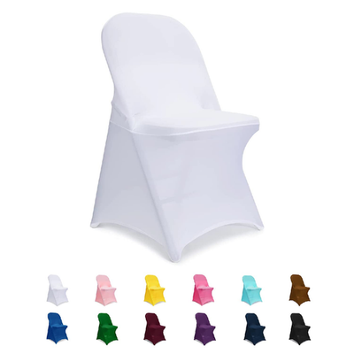 White ManMengJi Spandex folding chair cover for banquet and wedding parties, showcasing fitted, elegant fabric for chairs.