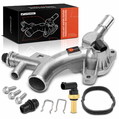 A-Premium aluminum coolant housing water outlet for Chevy Cruze, Sonic, and Trax 1.4L engine, showing the metal component with hose connections.