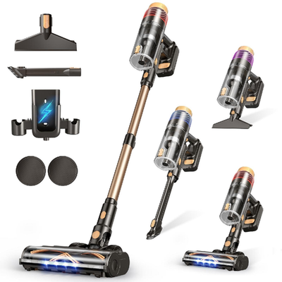 VBUOO cordless vacuum cleaner with 580W power, 48KPA suction, and self-standing design for home cleaning.
