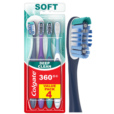 Colgate 360 soft toothbrush 4-count with floss-tip and tongue cleaner for whole mouth cleaning
