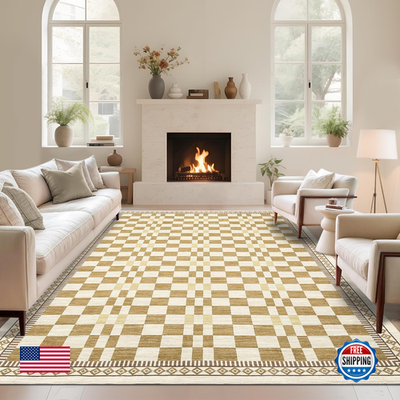 Garvee washable checkered 8x10 neutral area rug with a large pattern, ideal for living room decor.