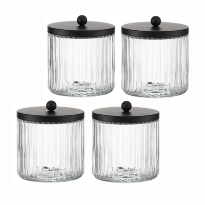KMwares 4-Pack glass Q-tip holder set with clear jars and black lids for cotton balls and swabs storage