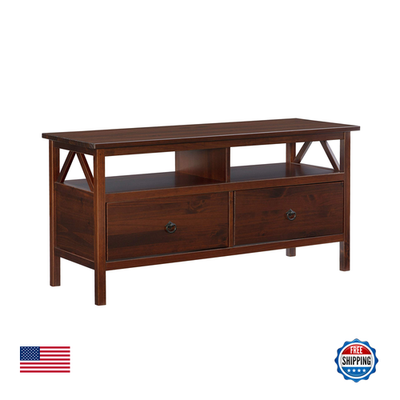 Linon Home Decor antique tobacco Titian TV stand with wood finish and classic design, measuring 44.02 inches wide.