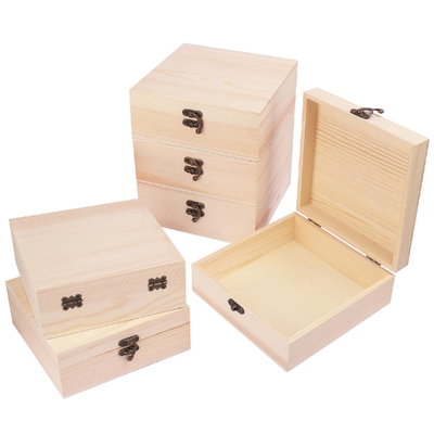 GNIEMCKIN 6-Pack unfinished pinewood craft boxes with hinged lids, 7x7x3 inches, plain wooden storage chests for DIY projects