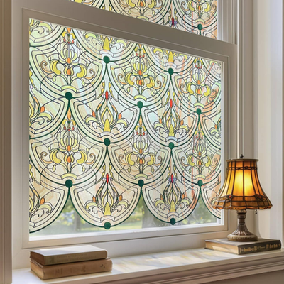 ADD.HERES 3D stained glass window film with golden iron design, decorative privacy for bathroom or front door, elegant and colorful.