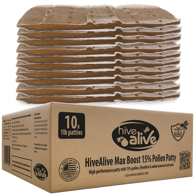 Hive Alive honey bee pollen patty in 1Lb blocks, 10-pack, for bee food and nutrition, shown in a natural setting.