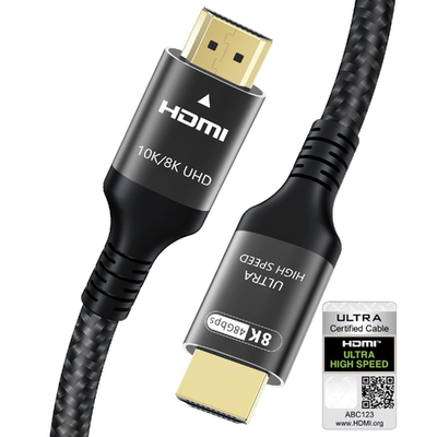 Certified 10K 8K HDMI 2.1 cable 10ft black nylon braided with 48Gbps speed and ultra high resolution support