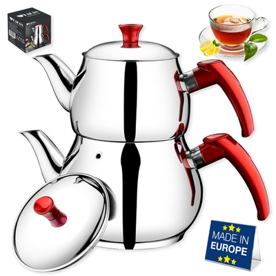 Hakan stainless steel teapot set with 93 oz capacity, self-strainer, double lids, and midi size, designed for brewing tea.