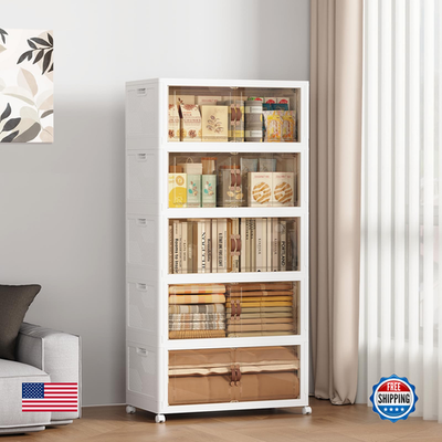 Stackable storage bins with lids from Sailun, featuring collapsible design and doors for organized home or office storage.