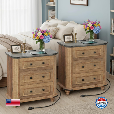 YITAHOME farmhouse nightstand set of 2 with 3 drawers and charging station, featuring rustic side tables with wood finish.
