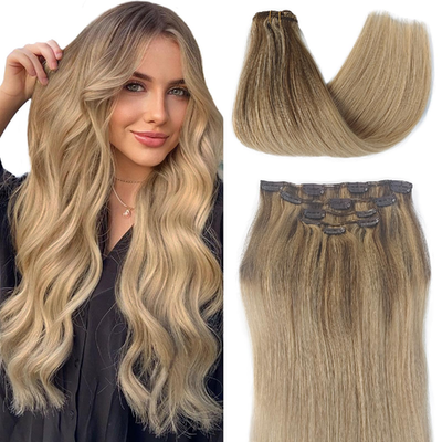 Real human hair clip-in extensions 18" golden blonde 5pcs double weft 70g by SOSEXY