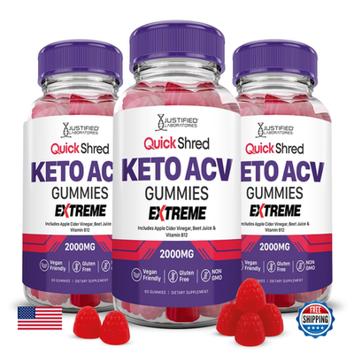Justified Laboratories Quick Shred Keto ACV Gummies Extreme Advanced Formula in a clear container, showing the gummy supplements inside.