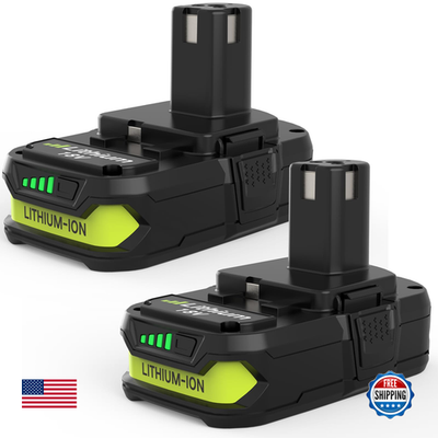 Reoben 2-pack 3.6Ah lithium batteries for Ryobi 18V power tools, shown with batteries and charger in a natural setting.