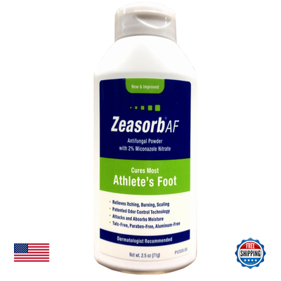 Unbranded Zeasorb Super Absorbent Powder antifungal treatment for athlete's foot in a 2.5 oz container