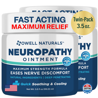 Cream jar labeled Owell Naturals Neuropathy Nerve Relief ointment for feet, fingers, hands, and toes, with a white lid and natural ingredients.