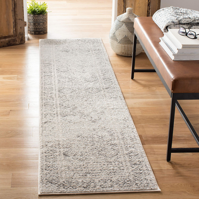 Safavieh Tulum Collection runner rug in ivory and grey with Moroccan boho design, 2x17 feet, woven textile floor covering.