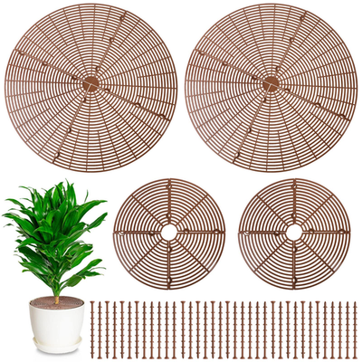 Four unbranded plant pot grid soil protector covers, cuttable flower protectors for garden and indoor plant drainage and protection.