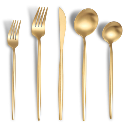 Lemeya matte gold and silver stainless steel cutlery set for 4, modern brushed design with forks, knives, spoons, and teaspoons.