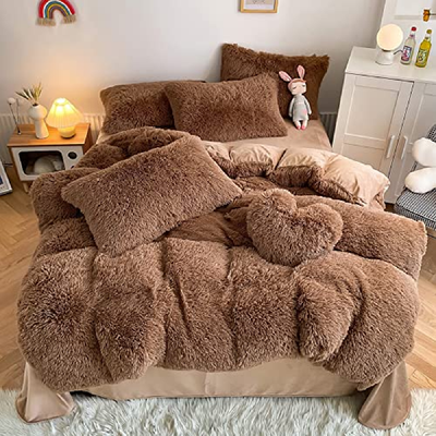 Roscloud Faux Fur kids coffee-colored twin/full comforter set with 3-piece plush bedding
