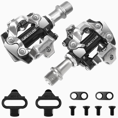 BUCKLOS SPD clipless mountain bike pedals PD-M760/M780 with dual-sided design and metal cleats for MTB riding.