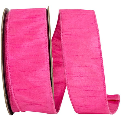 Shocking pink Reliant Ribbon Dupioni Supreme wired edge ribbon, 2.5 inches wide, 50 yards long, with a shiny, textured finish.