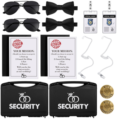 Aoriher black plastic 18 pcs wedding ring bearer set with sunglasses, badge, bow tie, and ID card in briefcase