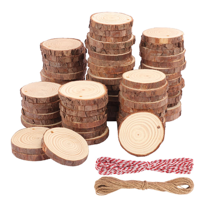 70Pcs 3" unfinished predrilled natural pine wood slices for crafts with bark and hanging rope