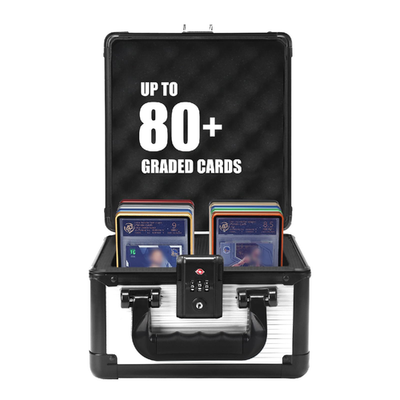 ZINHO graded sports card storage box with lock, designed for PSA and BGS top loaders, black plastic with secure lid.