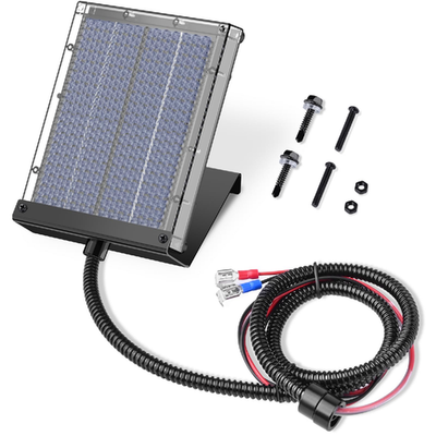 VOLT HERO 12V solar panel charger for deer feeder, outdoor waterproof IP65, compact design with mounting brackets and wiring.