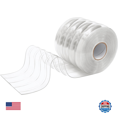 Clear PVC curtain roll by Moukeren, 50 ft long and 8 inches wide, shown in a natural straight layout for industrial or commercial use.