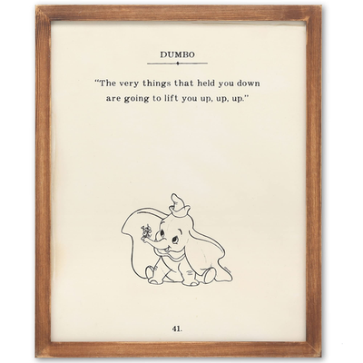 Framed wood wall art featuring Disney Dumbo with the quote "The very things that bring you down," open road brands design.