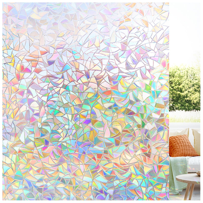 LUTE rainbow window privacy film with 3D stained glass design applied to a glass window, showcasing colorful decorative cling.