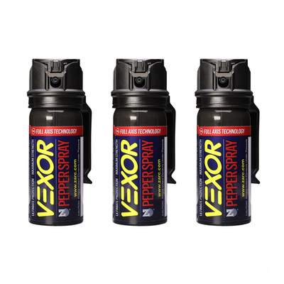 Zarc Vexor pepper spray with belt clip for self-defense, shown in 3-pack packaging, designed for personal safety and security.