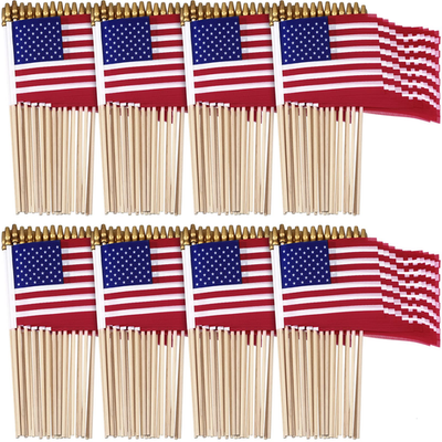 Tegeme 150-pack small American flags on sticks, 4x6 inches, handheld flags with gold accents, for celebrations and events.
