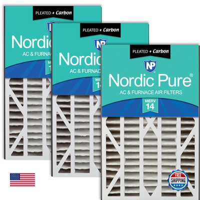 Unbranded Nordic Pure 16x25x3 Merv 14 Plus carbon air filter showing pleated design and carbon layer for improved air purification