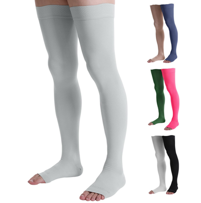 Doc Miller thigh high compression socks with open toe design, 20-30mmHg for varicose vein support and improved circulation.