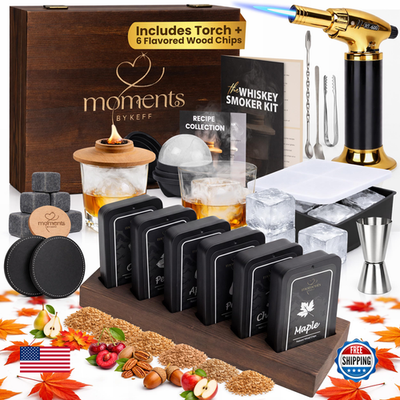 Moments by Keff whiskey smoker kit with wooden torch, square lid, and smoker accessories for infused smoky flavors.