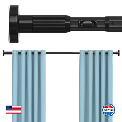 Mexau black tension curtain rod for windows, 41-185 inches, heavy-duty adjustable tension curtain rod with modern black finish.