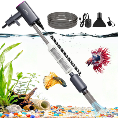 Rechargeable electric aquarium gravel cleaner by RIRMJOR with adjustable suction for cleaning fish tanks efficiently.