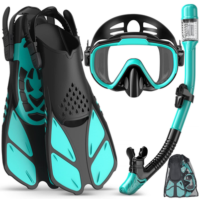 Ubekezele snorkeling gear set for adults, includes panoramic view mask, snorkel, fins, and waterproof bag for men and women.