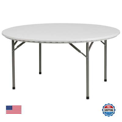Flash Furniture Kathryn 5-foot round granite white plastic folding table, showing the smooth surface and sturdy foldable frame.