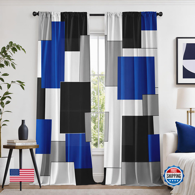 Blue and black geometric curtains for living room, 84 inches long, by XFLINGBAO, featuring modern window treatment design.