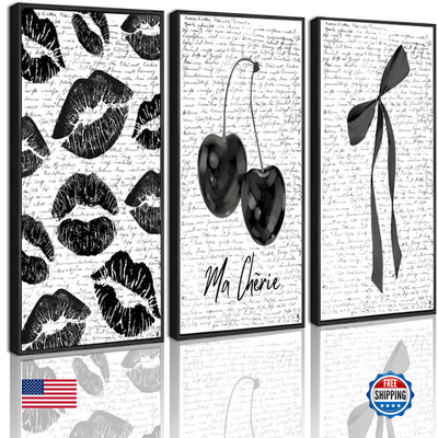 ZLSYQALW 3-piece black framed vintage wall art set featuring lips, cherries, and a girl on canvas prints for stylish home decor.