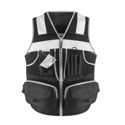 Black knitted safety vest with 3M reflective stripes and 10 pockets, designed for high visibility and safety.