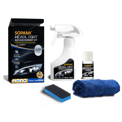 SOPAMI headlight restoration kit showing clear, restored headlamps after removing oxidation, haze, and yellowing.