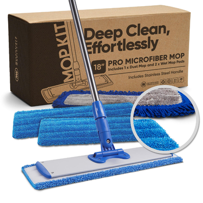 18-inch microfiber hardwood floor mop by Microfiber Wholesale with a lightweight handle and dual-sided dry and wet cleaning pads.