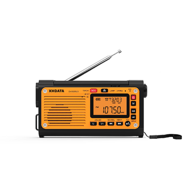 XHDATA D608WB emergency weather radio with hand crank, flashlight, NOAA alerts, Bluetooth, and multiple power options in red plastic.