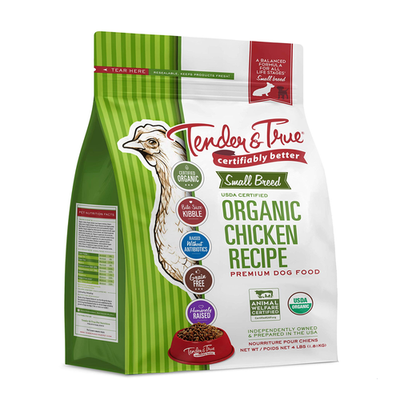 Small breed organic chicken recipe dog food from Tender & True Tender True Pet Nutrition, featuring kibble in a white bowl.