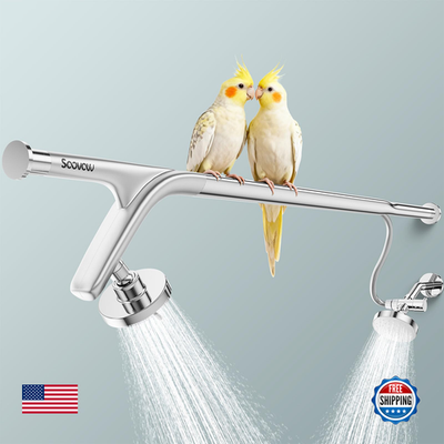 Dual shower head system for couples with two adjustable shower heads, chrome finish, and wall-mounted design.